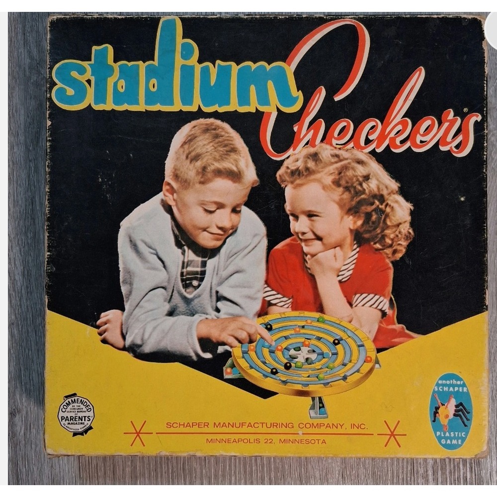VTG 1952 Stadium Checkers No 300 Schaper Marble Board Game w/ Box